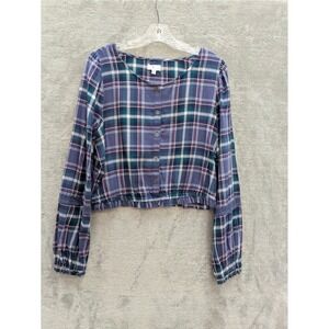 Boho Plaid Button Front Blouse Womens Large Blue Cropped Lace Trim Cotton Top